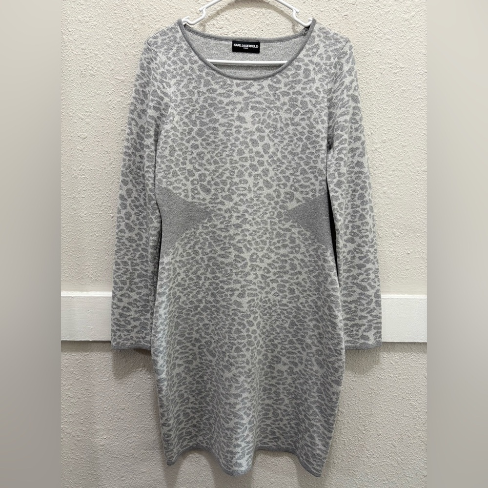 Karl Lagerfeld Paris Grey Metallic Leopard Sweater Dress